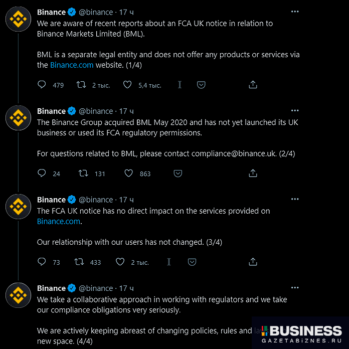 Сообщение в твиттер-аккаунте Binance Сообщение в твиттер-аккаунте Binance