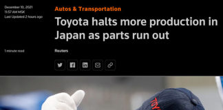Toyota halts more production in Japan as parts run out