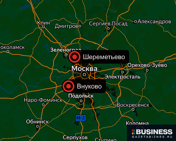 Аэропорты Внуково и Шереметьево на карте Москвы